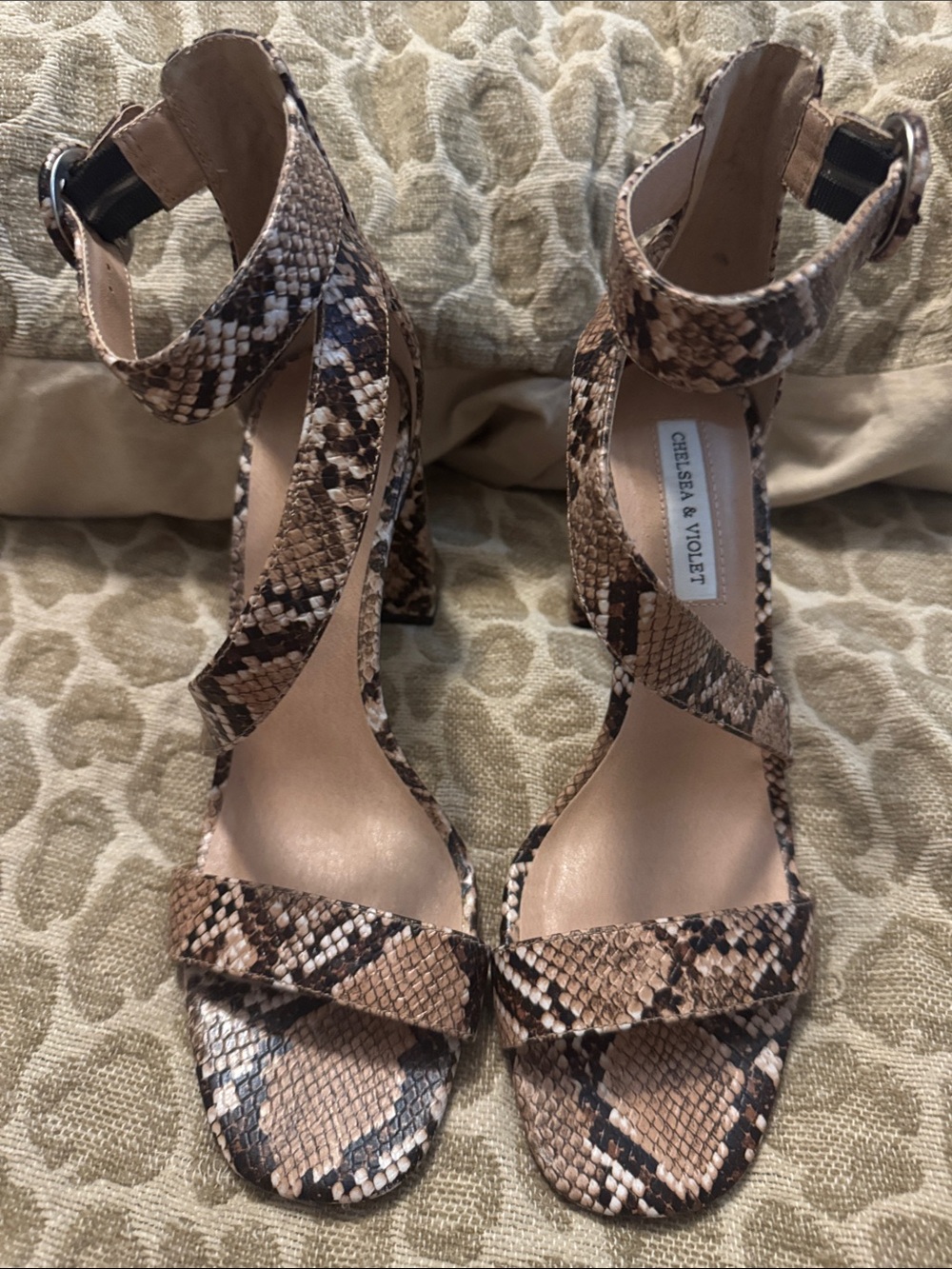 Chelsea & Violet Brown Snake-Print Ankle Strap Block Heels 8 1/2